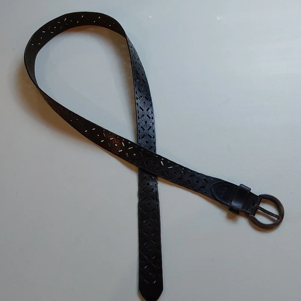 Rolfs | Black Perforated Design Premium Leather Belt Bronze Circle Buckle Sz.XL